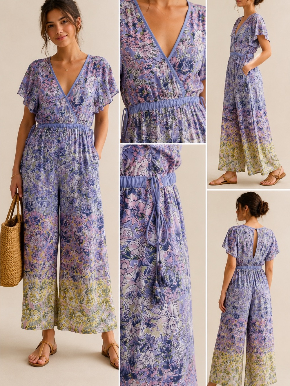 Anthropologie Lavender Floral V-Neck Maxi Dress with Green Accents Size Small